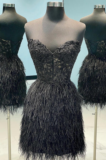 Simple Strapless Cute Lace Feather Sleeveless Homecoming Dresses