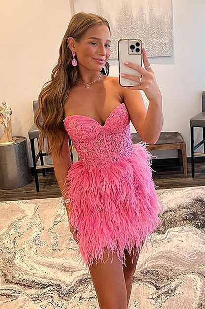 Simple Strapless Cute Lace Feather Sleeveless Homecoming Dresses