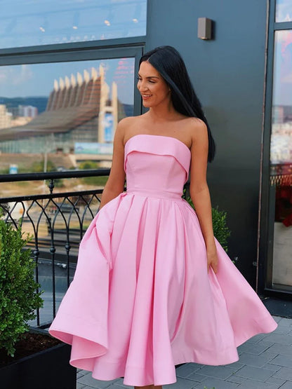 Simple Strapless Yellow Satin Ball Gown Short Homecoming Dresses Cocktail Dresses