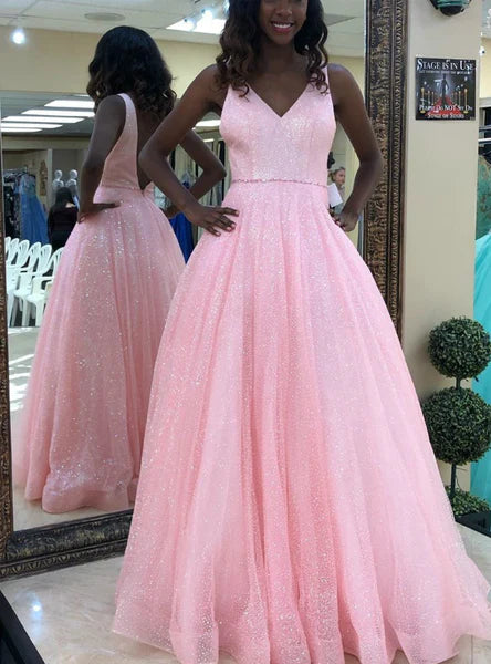 V Neck Long A-line Pink Sequins Open Back Simple Tulle Prom Dresses