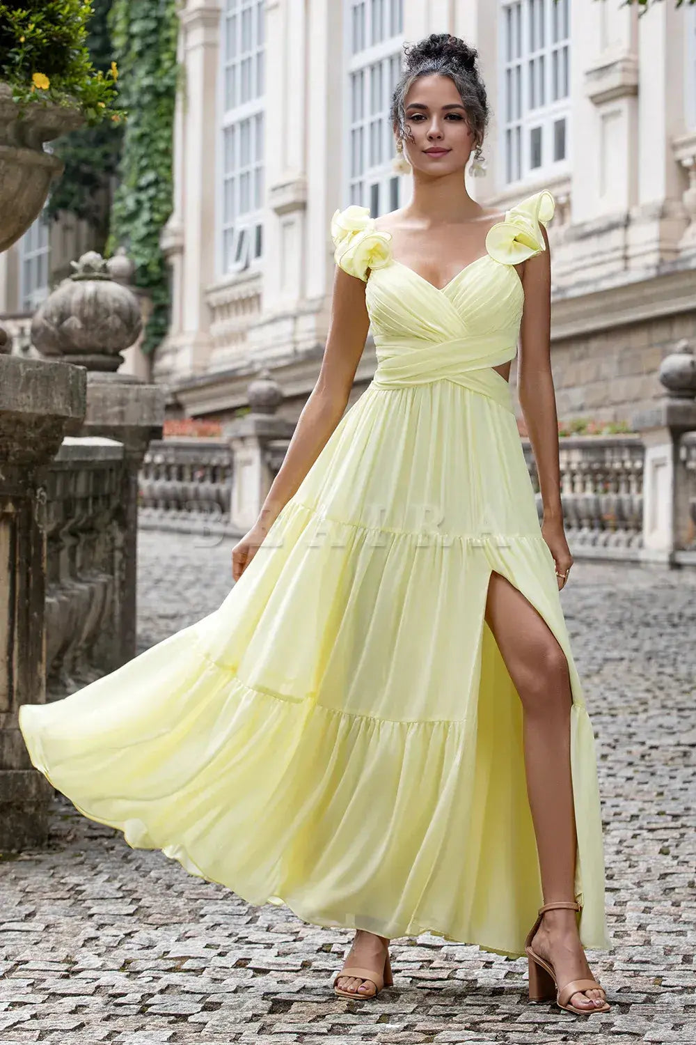 Beaira Simple A Line Pleated Chiffon Lemon Yellow Wedding Party Guest Dress with Ruffles Bridesmaid dress shop