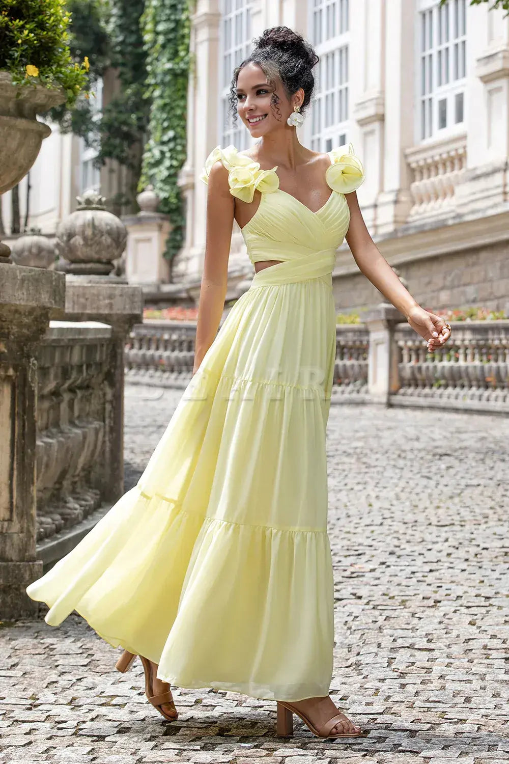 Beaira Simple A Line Pleated Chiffon Lemon Yellow Wedding Party Guest Dress with Ruffles Bridesmaid dress shop
