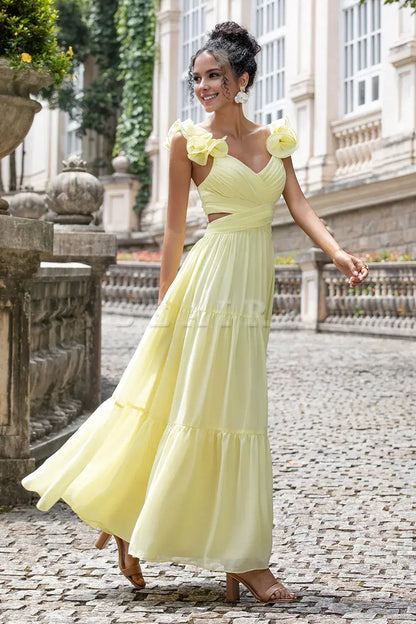 Beaira Simple A Line Pleated Chiffon Lemon Yellow Wedding Party Guest Dress with Ruffles Bridesmaid dress shop