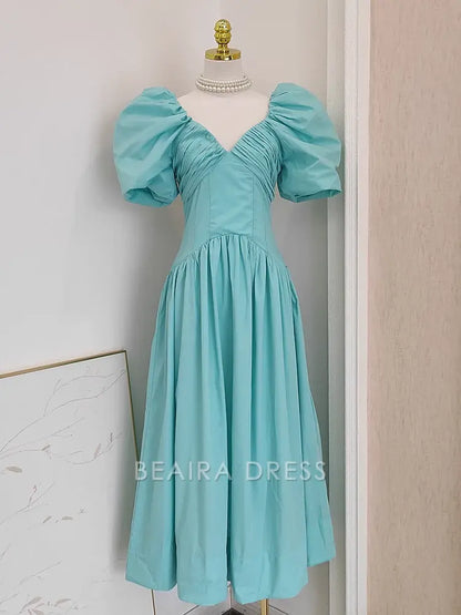 Beaira Simple A Line V Neckline Blue Satin Homecoming Dresses Birthday Outfits With Ruffles