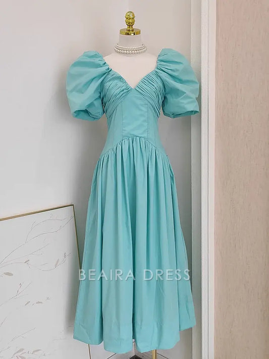 Beaira Simple A Line V Neckline Blue Satin Homecoming Dresses Birthday Outfits With Ruffles