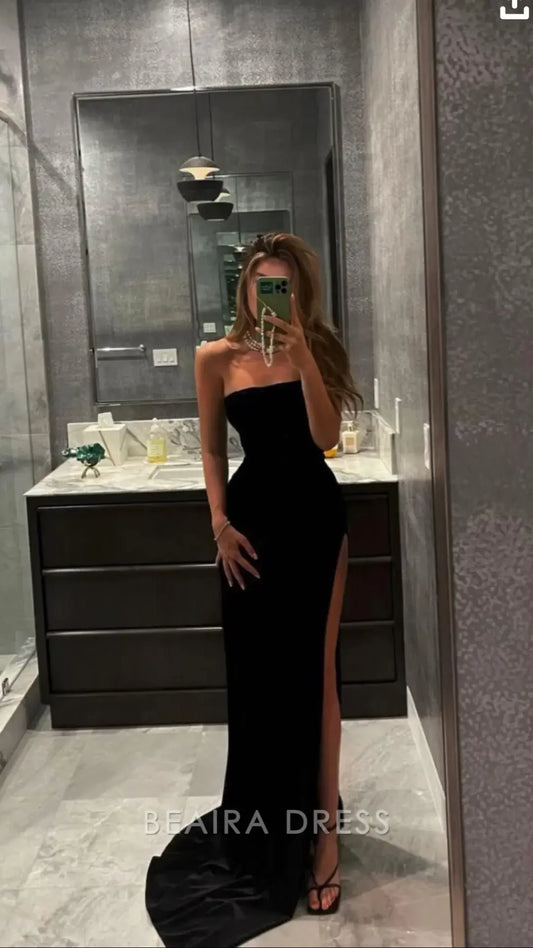 Beaira Elegant Simple Black Prom Dress With High Split Strapless Sexy Prom Dresses formal wear dresses
