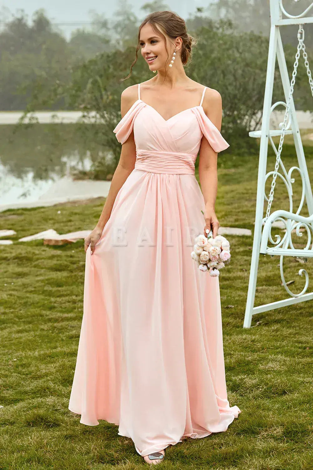 Beaira Simple Blush A Line Off The Shoulder Long Bridesmaid Dress With Ruffles New Arrivals