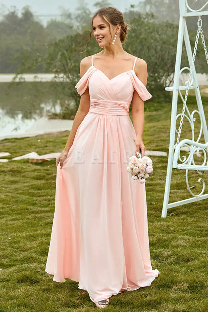 Beaira Simple Blush A Line Off The Shoulder Long Bridesmaid Dress With Ruffles New Arrivals