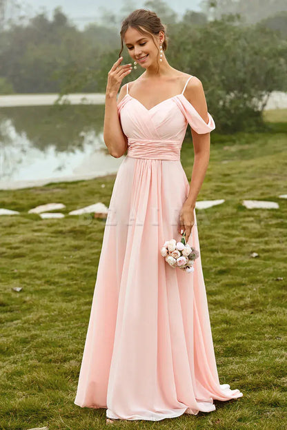 Beaira Simple Blush A Line Off The Shoulder Long Bridesmaid Dress With Ruffles New Arrivals
