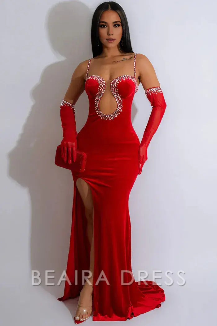 Beaira Simple Glamorous Gloved Rhinestone Sweetheart Neck Velvet Evening Maxi Dress - Red