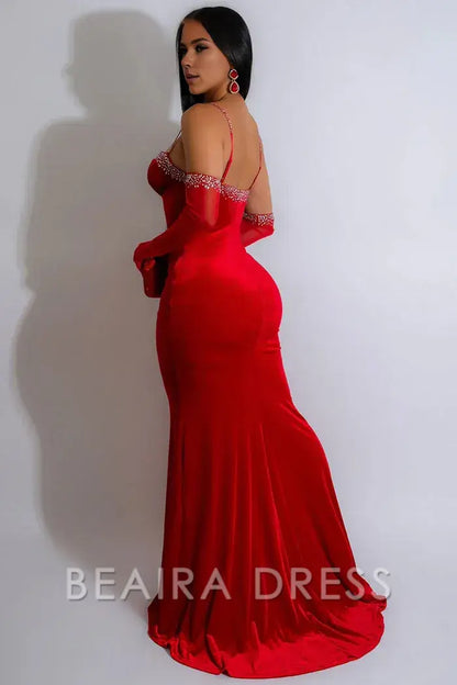 Beaira Simple Glamorous Gloved Rhinestone Sweetheart Neck Velvet Evening Maxi Dress - Red