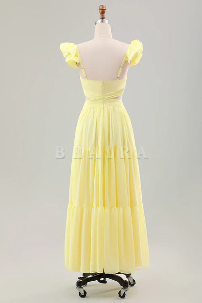 Beaira Simple Lemon Yellow A Line Pleated Chiffon Wedding Party Guest Dress with Ruffles Bridesmaid dress shop