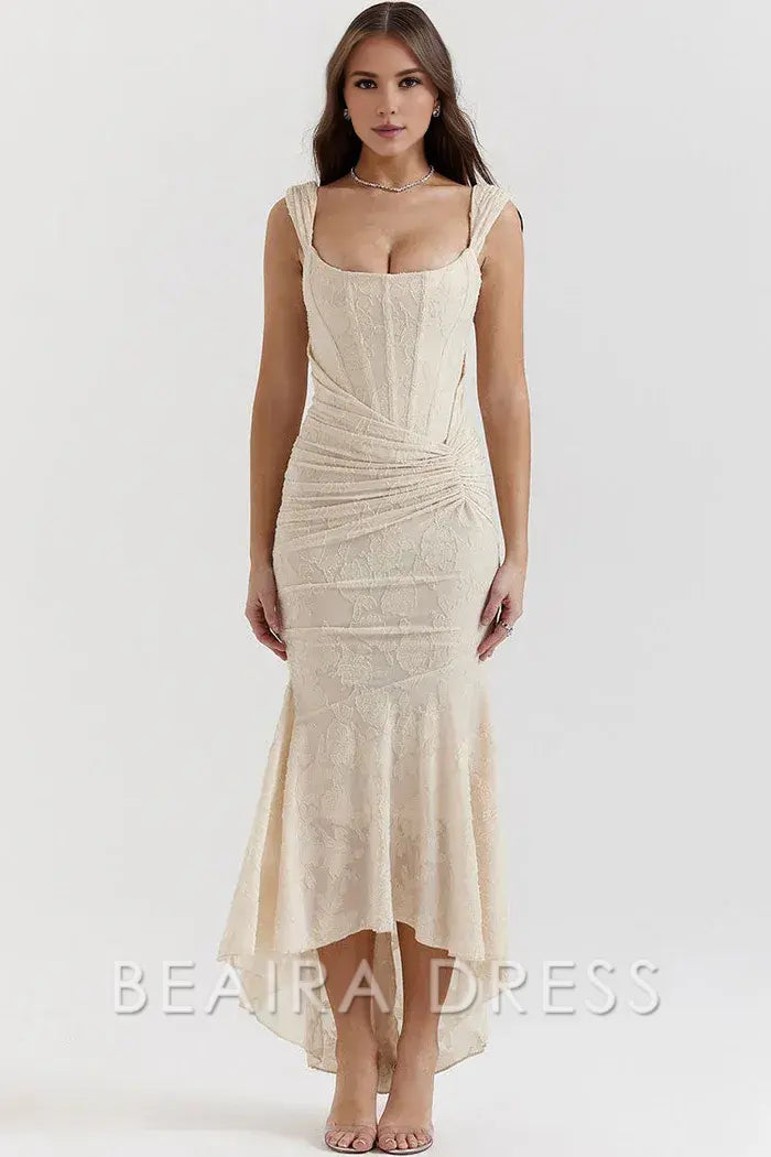 Beaira Simple Luxury Textured Floral Ruched Corset Sleeveless Fishtail Evening Dress - Cream