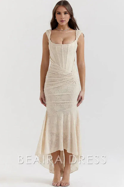 Beaira Simple Luxury Textured Floral Ruched Corset Sleeveless Fishtail Evening Dress - Cream