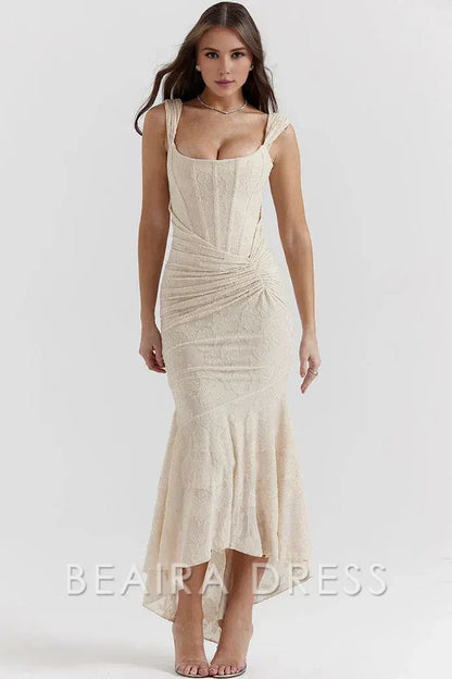 Beaira Simple Luxury Textured Floral Ruched Corset Sleeveless Fishtail Evening Dress - Cream