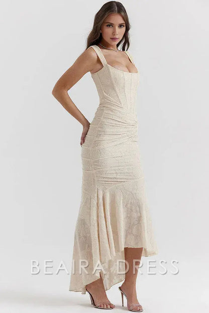 Beaira Simple Luxury Textured Floral Ruched Corset Sleeveless Fishtail Evening Dress - Cream
