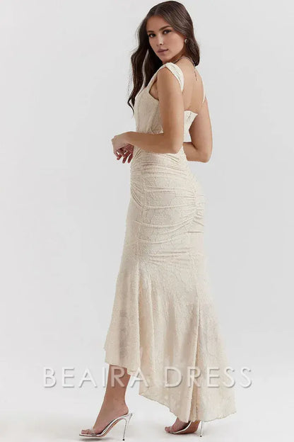 Beaira Simple Luxury Textured Floral Ruched Corset Sleeveless Fishtail Evening Dress - Cream