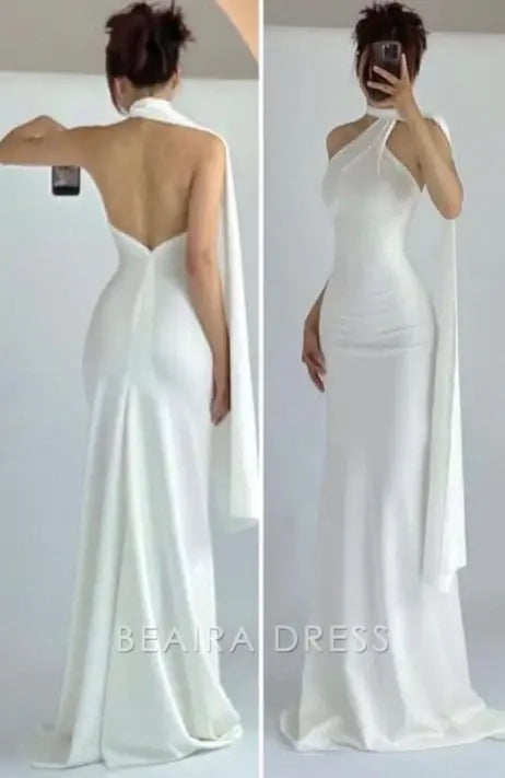 Beaira Elegant Simple Mermaid High Neckline White Party Dress Long Prom Dresses formal wear dresses