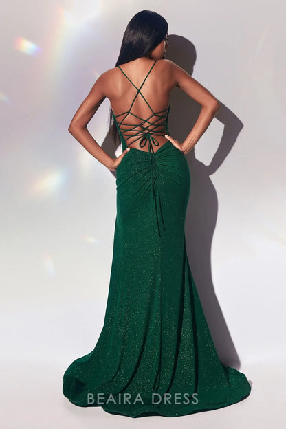 Simple Mermaid Sparkle Spaghetti Strap Sleeveless Lace - Up Floor-Length Side Slit  Prom Dress