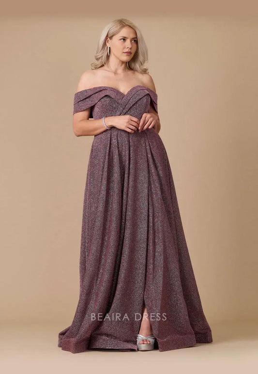 Simple Plus Size Off Shoulder Glitter Formal Maxi Dress with Side Slit prom dress