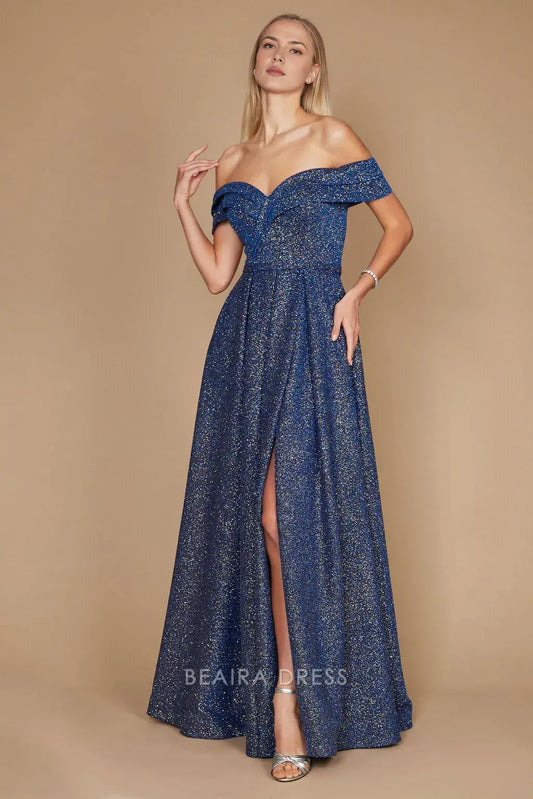 Simple Off Shoulder Glitter Formal Maxi Dress with Side Slit prom dress