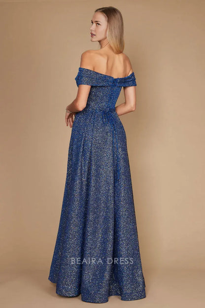 Simple Off Shoulder Glitter Formal Maxi Dress with Side Slit prom dress