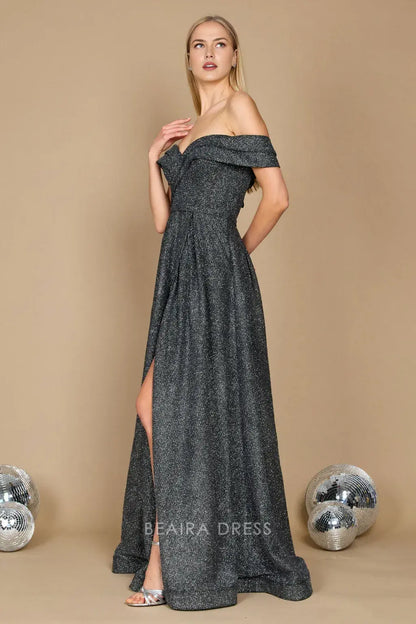 Simple Off Shoulder Glitter Formal Maxi Dress with Side Slit prom dress