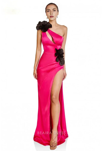 Simple One - Shoulder Floral Accent Evening Gown with High Slit Prom Dress