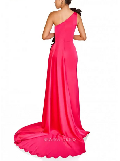 Simple One - Shoulder Floral Accent Evening Gown with High Slit Prom Dress
