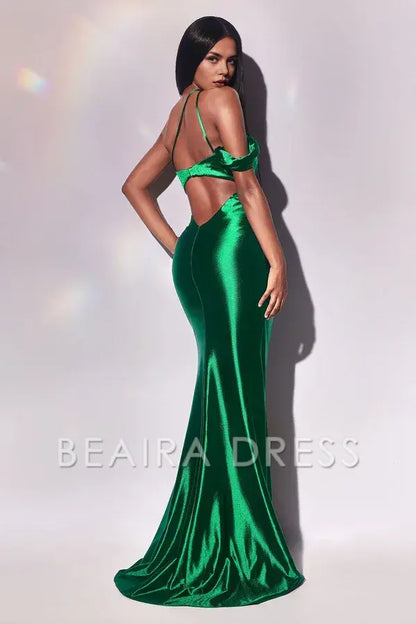 Simple One - Shoulder Satin Prom Dress with Cutout and High Slit