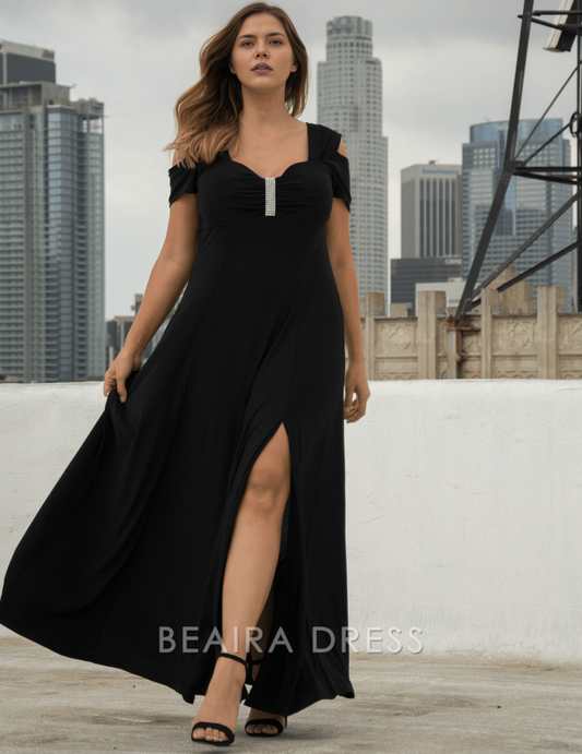 Simple Plus Size Cold - Shoulder Evening Gown with Rhinestone Detail and Slit Prom Dress