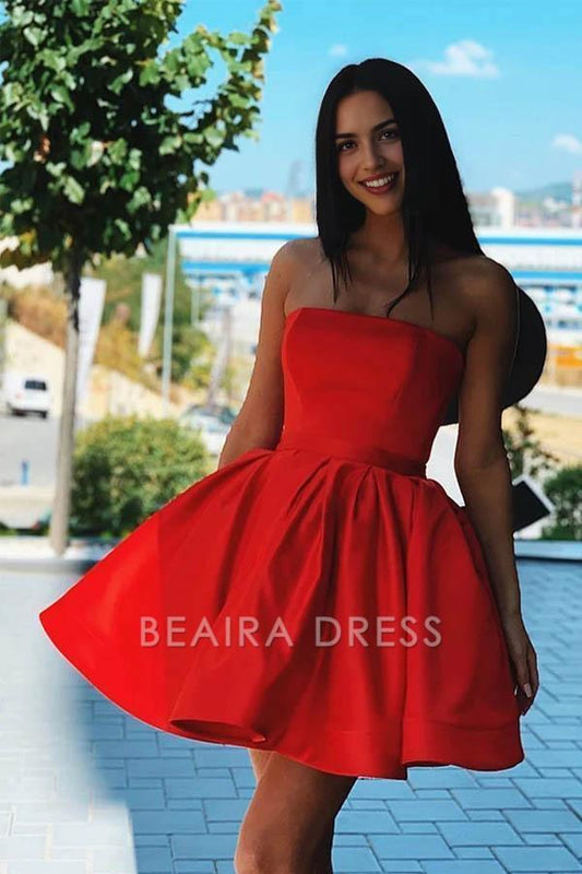 Beaira Simple Red Satin Strapless Short Formal Homecoming Dress formal wear dresses