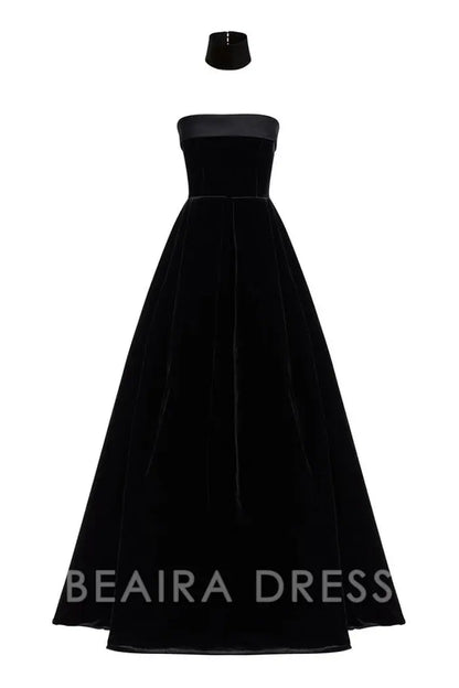 Beaira Simple Regal Choker Fold Over Strapless Fit & Flare Velvet Evening Maxi Dress