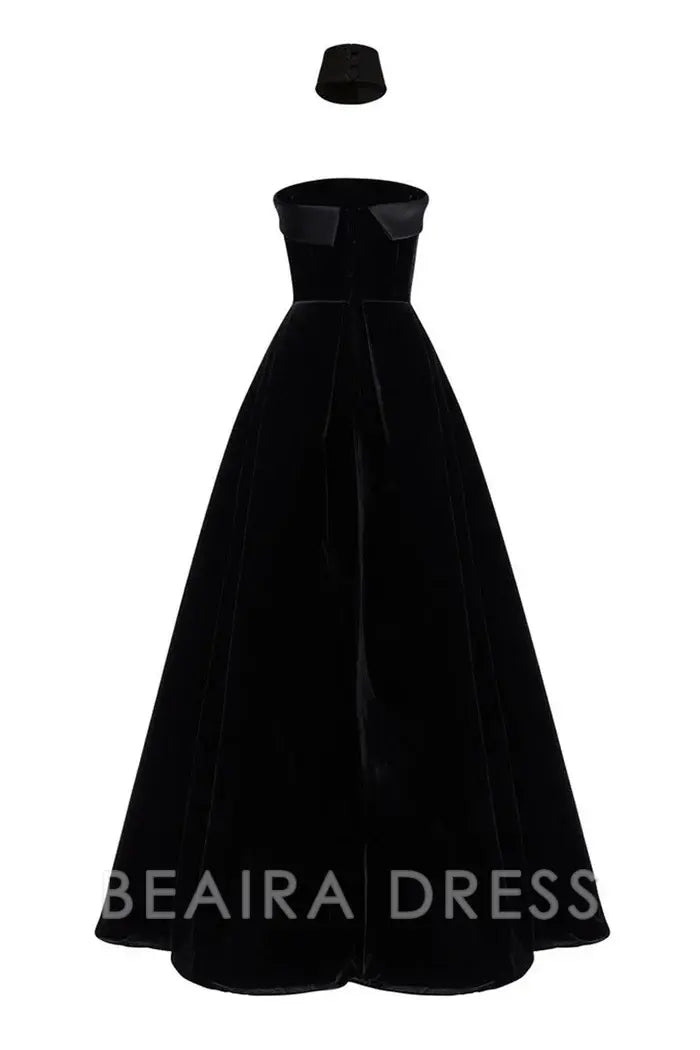 Beaira Simple Regal Choker Fold Over Strapless Fit & Flare Velvet Evening Maxi Dress