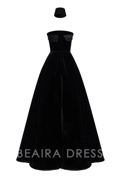 Beaira Simple Regal Choker Fold Over Strapless Fit & Flare Velvet Evening Maxi Dress