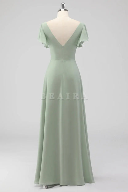 Beaira Simple Sage Green A-Line V-Neck Chiffon Long Bridesmaid Dress with Slit New Arrivals