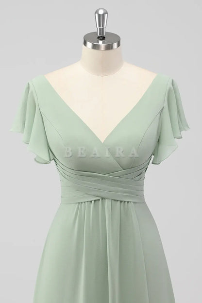 Beaira Simple Sage Green A-Line V-Neck Chiffon Long Bridesmaid Dress with Slit New Arrivals