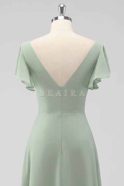 Beaira Simple Sage Green A-Line V-Neck Chiffon Long Bridesmaid Dress with Slit New Arrivals