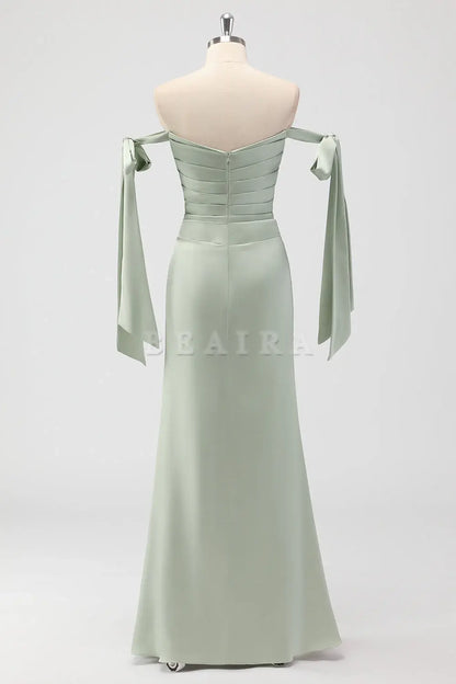 Beaira Simple Sage Green Mermaid Off The Shoulder Ruched Long Bridesmaid Dress with Slit New Arrivals