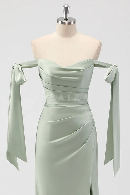 Beaira Simple Sage Green Mermaid Off The Shoulder Ruched Long Bridesmaid Dress with Slit New Arrivals