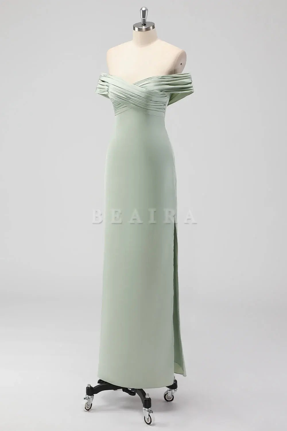 Beaira Simple Sage Green Sheath Off the Shoulder Ruched Satin Long Bridesmaid Dress New Arrivals