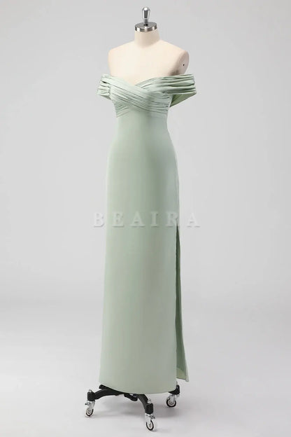 Beaira Simple Sage Green Sheath Off the Shoulder Ruched Satin Long Bridesmaid Dress New Arrivals