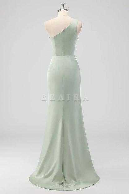 Beaira Simple Sage Green Sheath One Shoulder Satin Long Bridesmaid Dress with Slit New Arrivals
