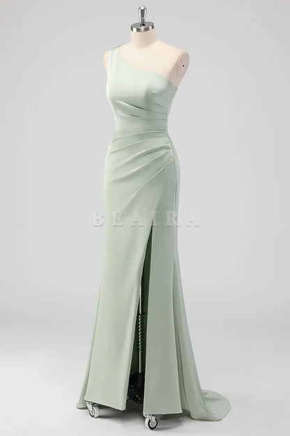 Beaira Simple Sage Green Sheath One Shoulder Satin Long Bridesmaid Dress with Slit New Arrivals