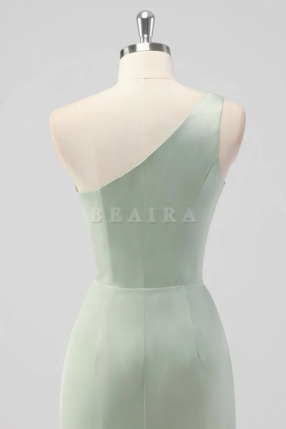 Beaira Simple Sage Green Sheath One Shoulder Satin Long Bridesmaid Dress with Slit New Arrivals