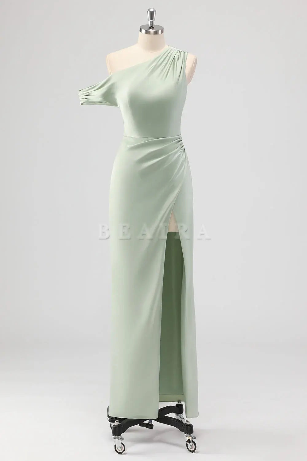 Beaira Simple Sage Green Sheath One Shoulder Satin Ruched Long Bridesmaid Dress with Slit New Arrivals