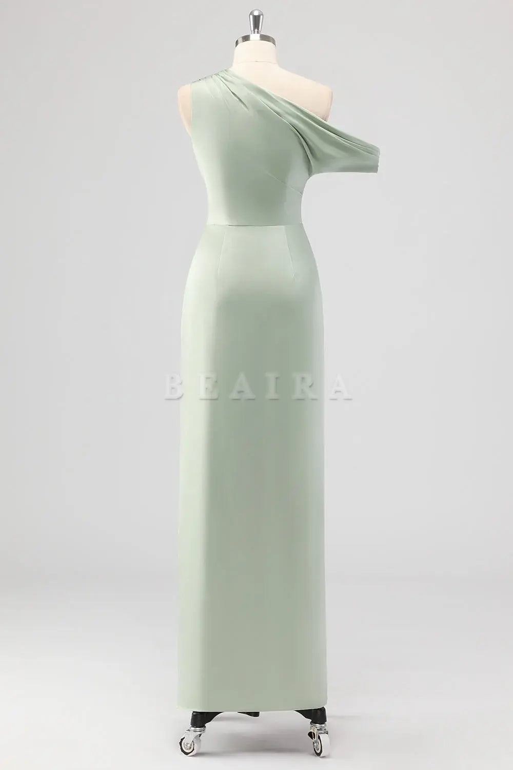 Beaira Simple Sage Green Sheath One Shoulder Satin Ruched Long Bridesmaid Dress with Slit New Arrivals