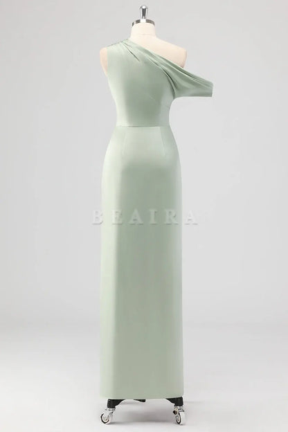 Beaira Simple Sage Green Sheath One Shoulder Satin Ruched Long Bridesmaid Dress with Slit New Arrivals