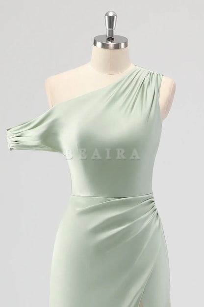 Beaira Simple Sage Green Sheath One Shoulder Satin Ruched Long Bridesmaid Dress with Slit New Arrivals