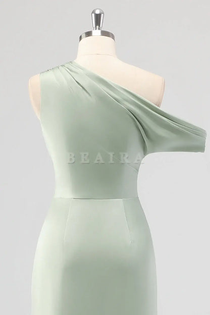 Beaira Simple Sage Green Sheath One Shoulder Satin Ruched Long Bridesmaid Dress with Slit New Arrivals